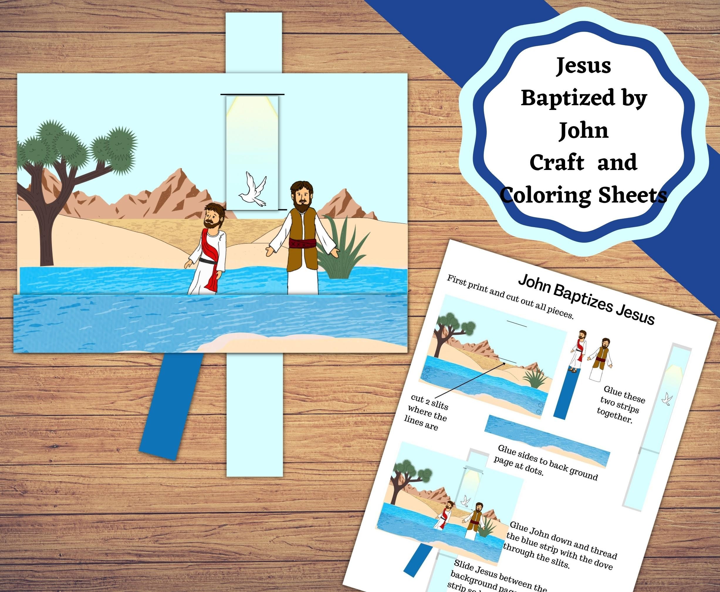 Jesus baptized by john at the jordan river printable bible story craft and coloring page