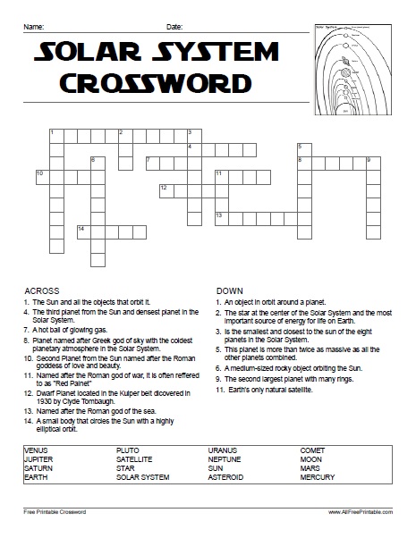 Solar system crossword â free printable