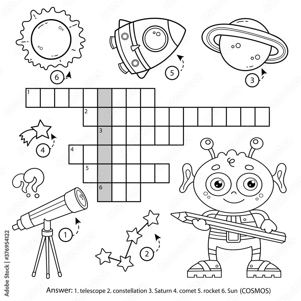 Space crossword puzzle alien with telescope planets and rocket coloring book for kids vector