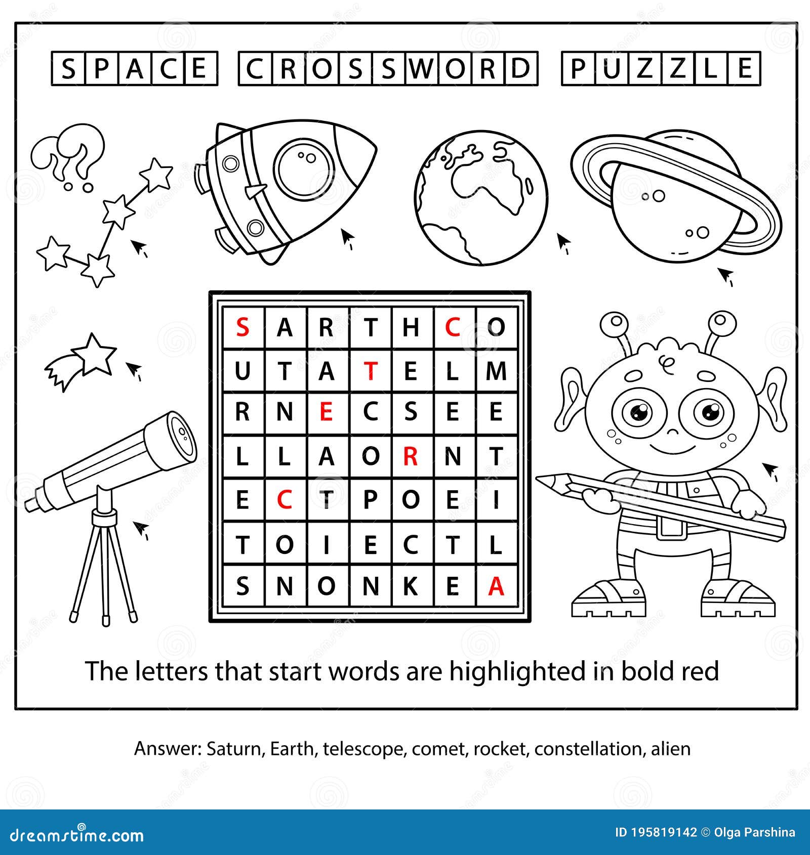 Space crossword puzzle alien with telescope planets and rocket stock vector