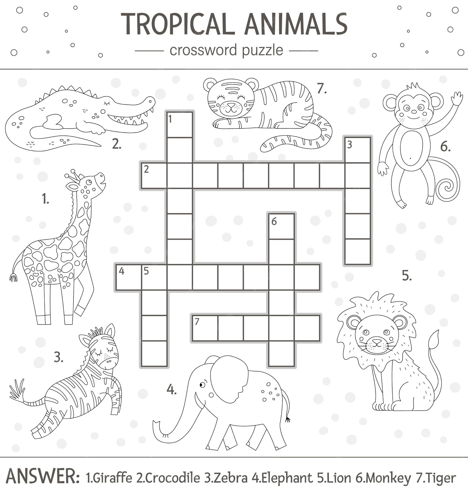 Premium vector summer crossword puzzle simple quiz with tropical animals for children educational black and white jungle activity with cute funny characters fun coloring page for kids