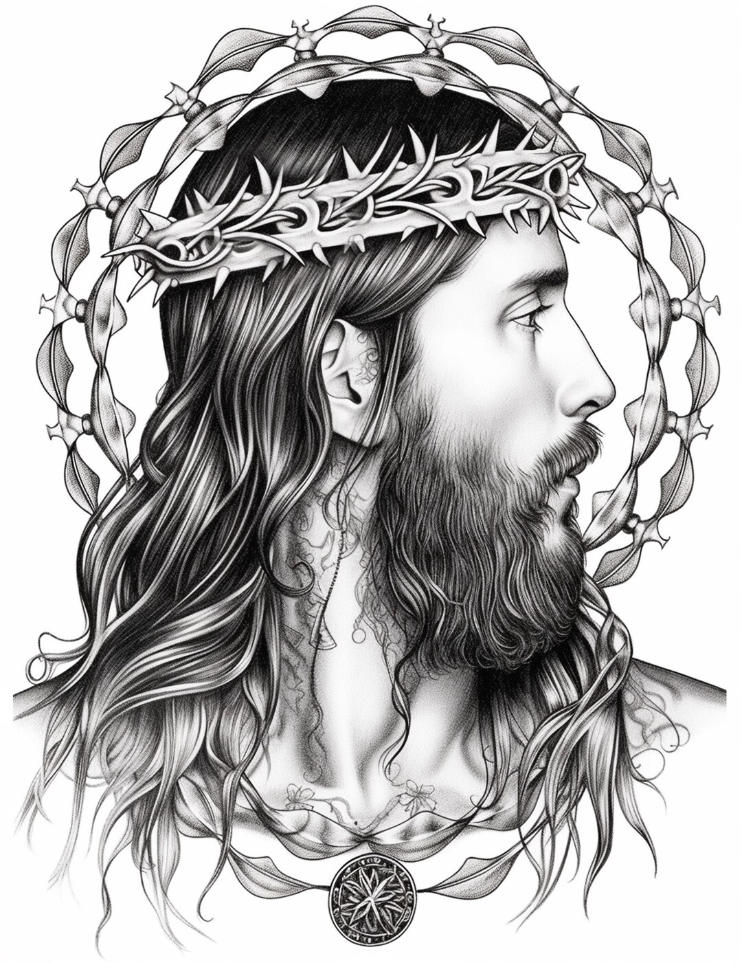 Profile of jesus with crown of thorns coloring page machine learning generated ai image of jesus instant download
