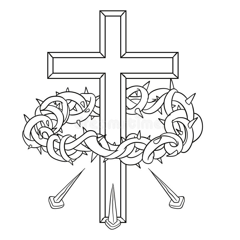 Cross crown of thorns and nails in outlines for coloring vector illustration stock vector