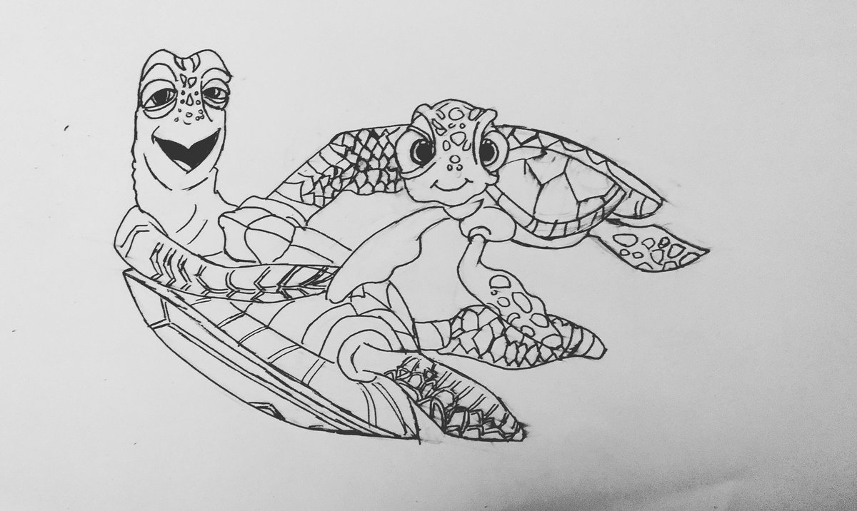 Faith on x give me some fun noggin dude a line drawing of crush and squirt from pixar findingnemo for inktober seaturtles cartoon seaturtleart gelpenart turtles turtleart gatesheadink inktoberday httpstcojnufyruq x
