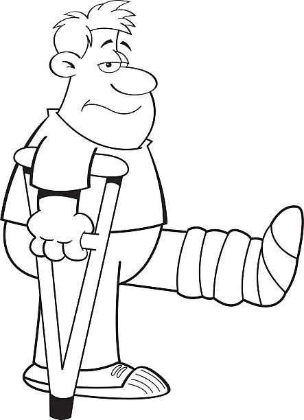Black and white illustration of a man on crutches with his leg in a painted window art cartoon man black and white illustration