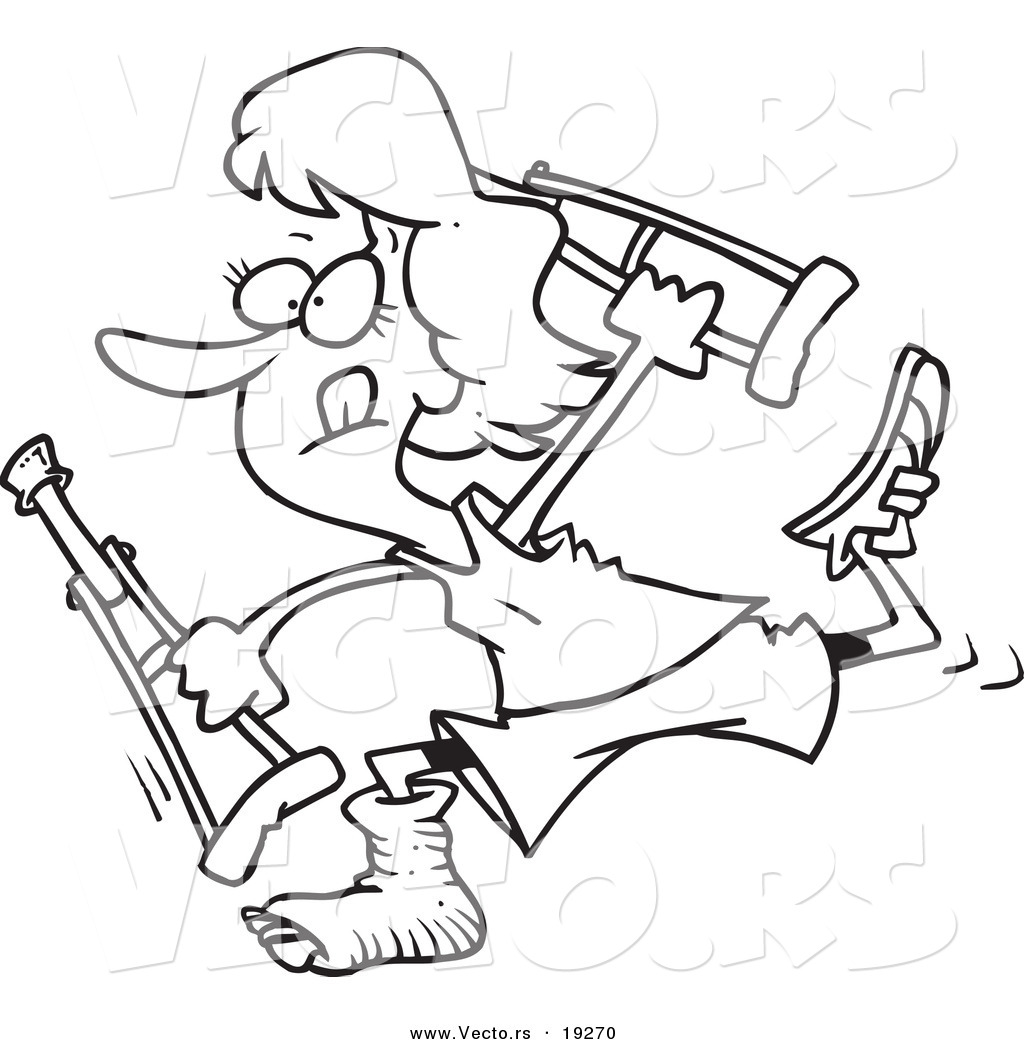R of a cartoon determined woman running with crutches
