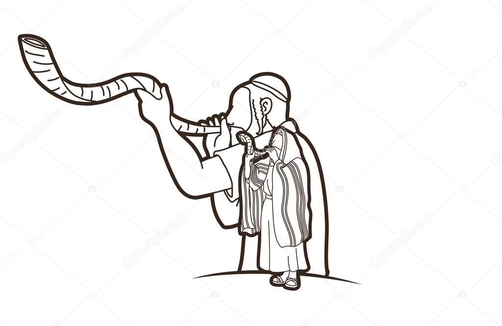 Fiesta trompetas grupo personas judãas tocando cuerno shofar vector grãfico vector de stock de sila