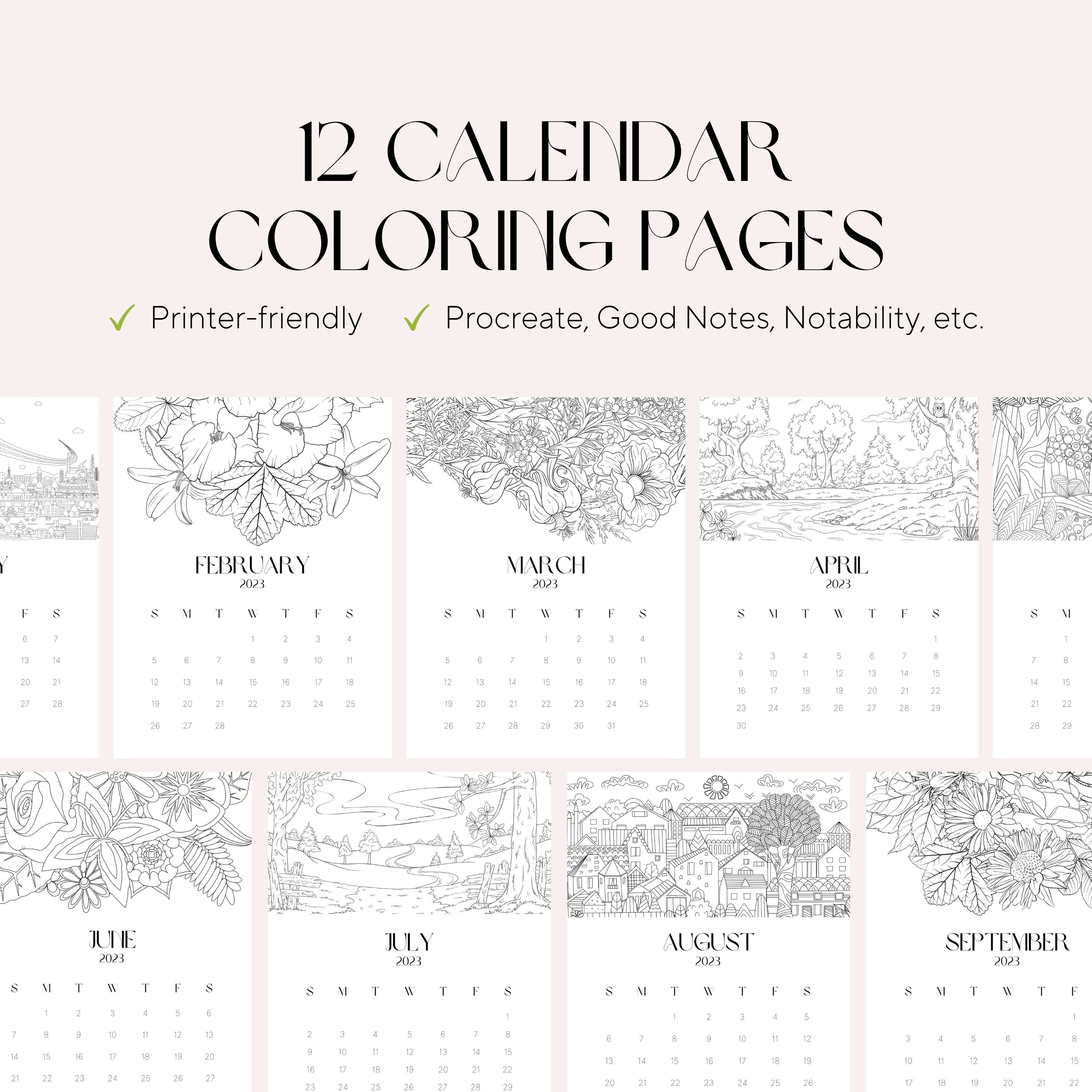 Monthly calendar coloring pages adult coloring pages stress relieve art therapy standing calendar