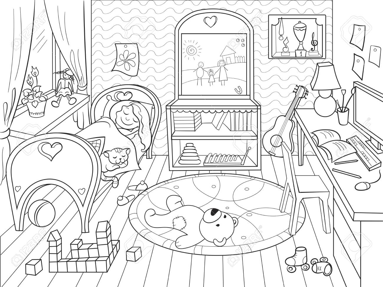 Kids coloring on the theme of childhood room coloring illustration zentangle style black