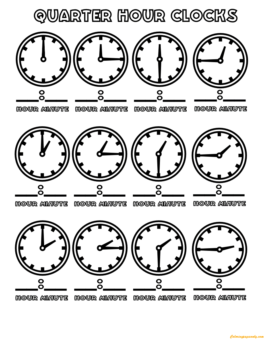 Quarter hours clock coloring page