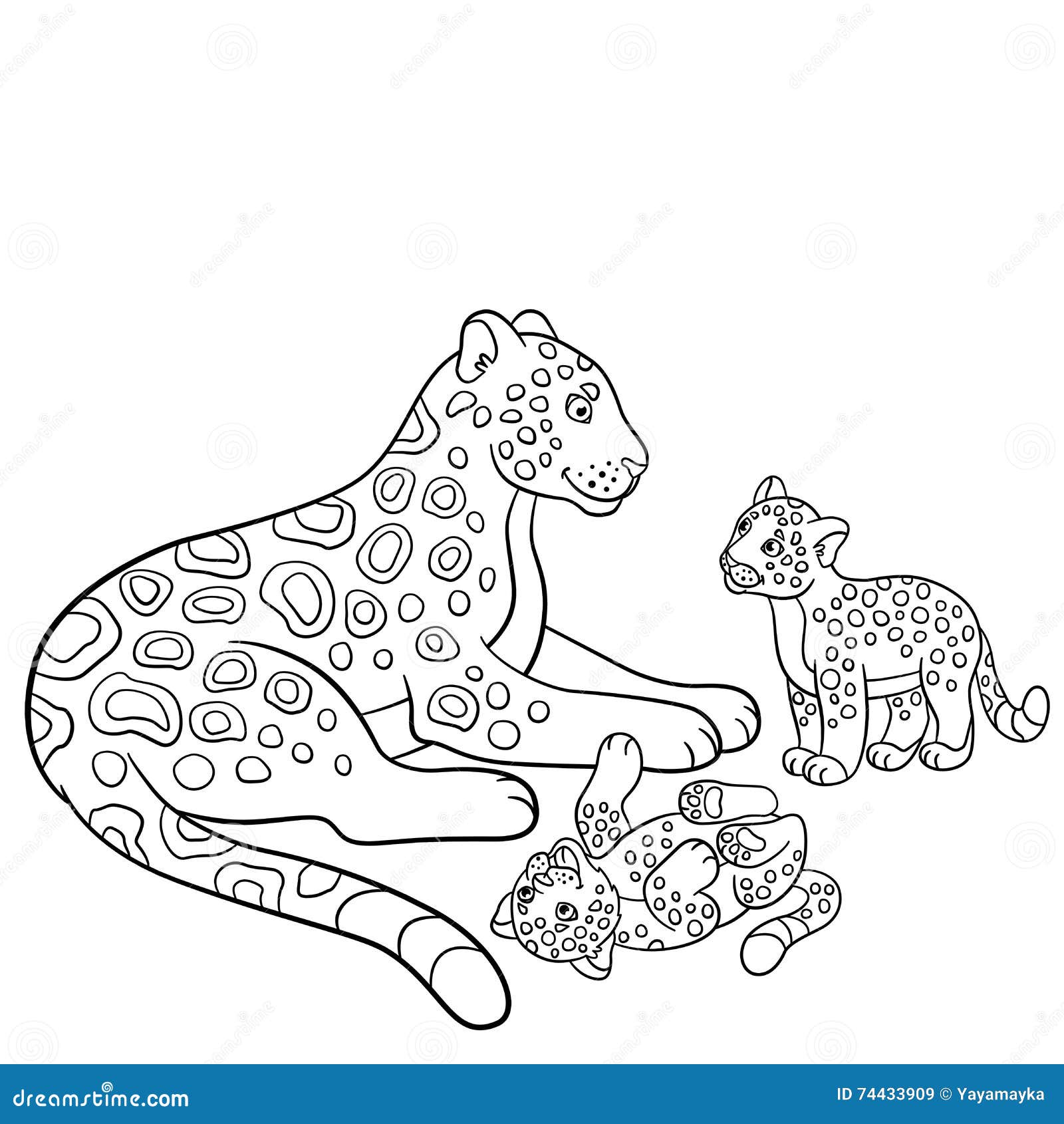 Coloring pages mother jaguar with her cute cubs stock vector