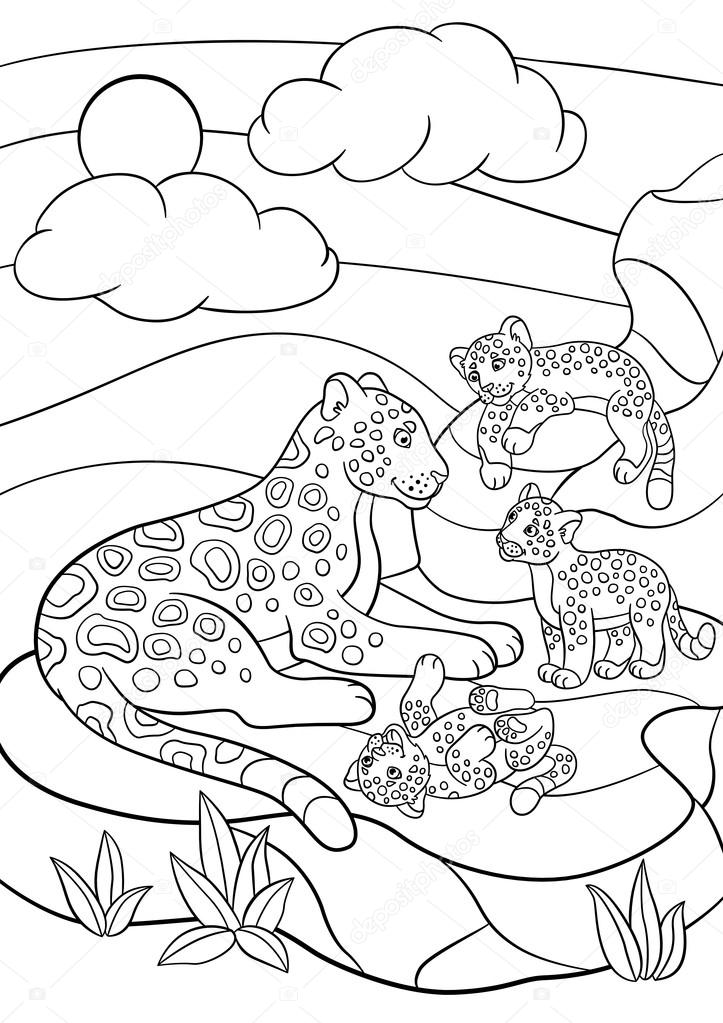 Coloring pages mother jaguar with her little cute cubs stock vector by ya