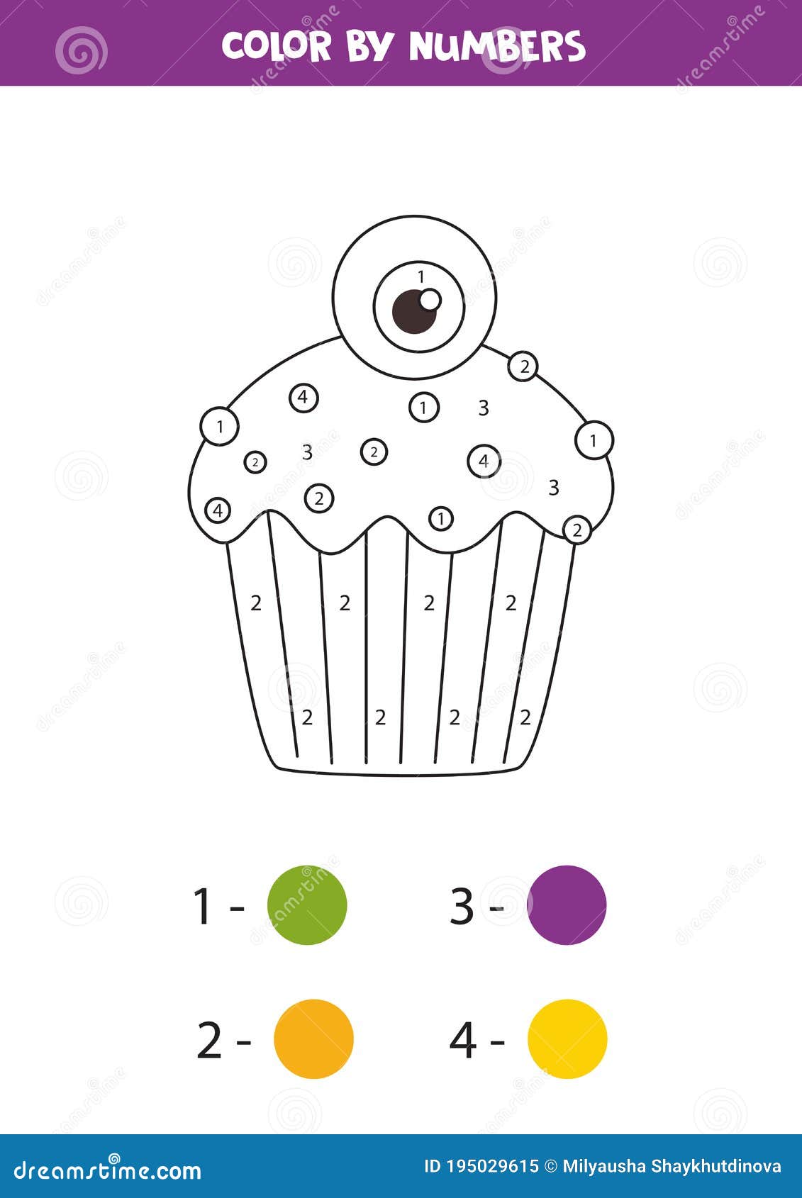 Color halloween cupcake by numbers coloring page for kids stock vector