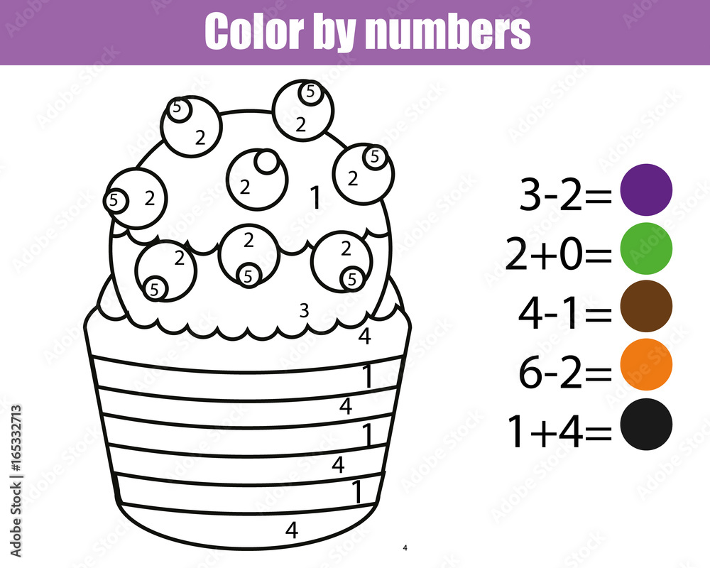 Coloring page with cupcake color by numbers educational children game drawing kids activity math game vector