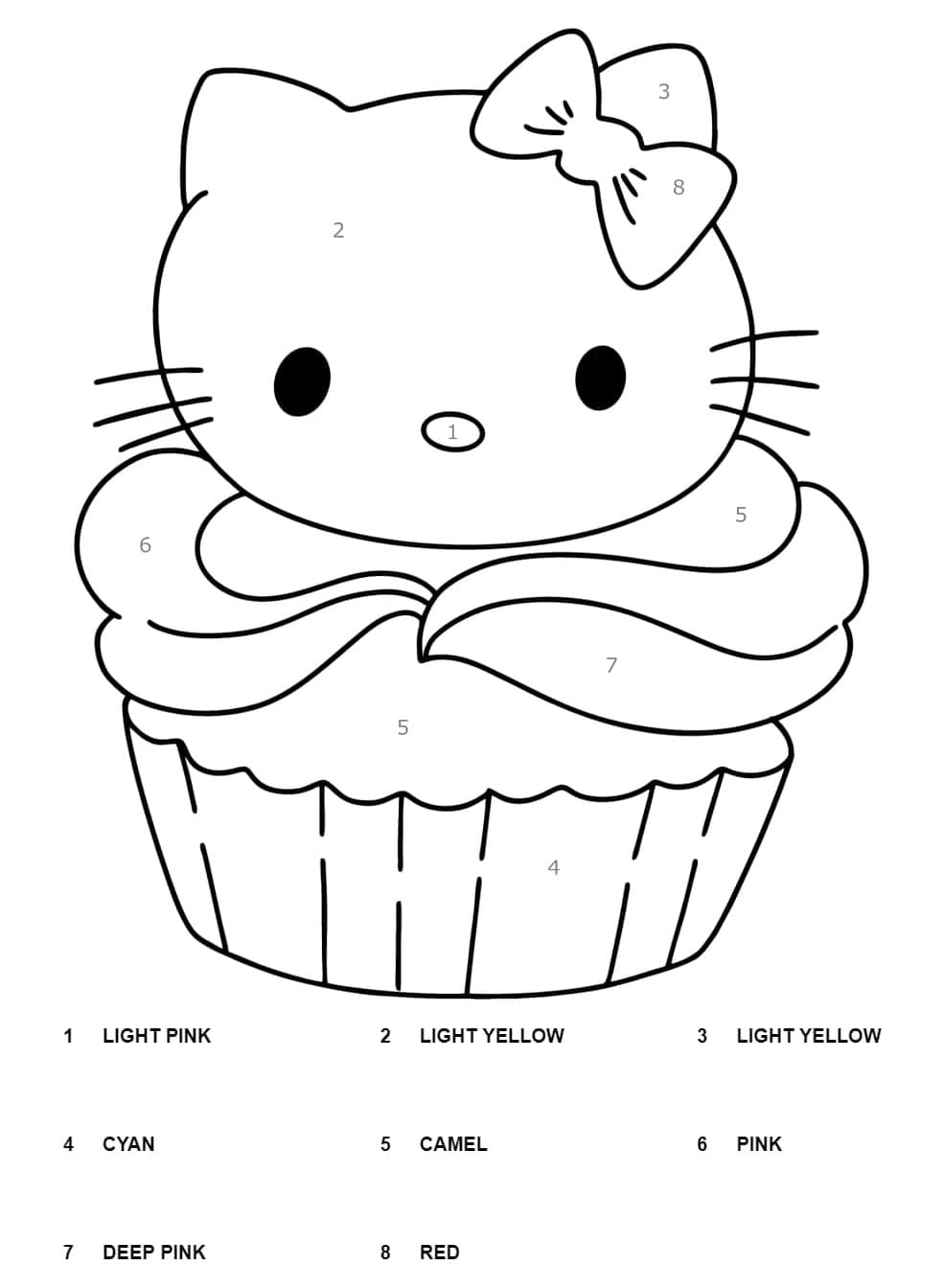 Cupcake hello kitty color by number coloring page