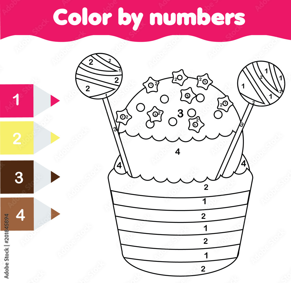 Children educational game coloring page with cupcake color by numbers printable activity vector