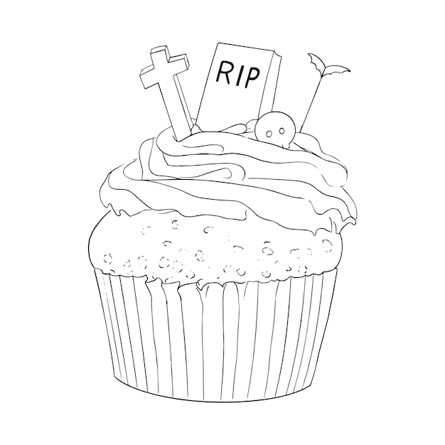 Boza cupcak de halloween doodle de arte de lãnea blanco y negro dibujado a mano vector premium