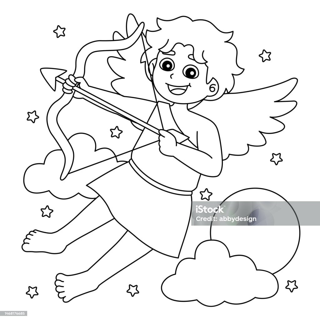 Valentines day cupid coloring page for kids stock illustration