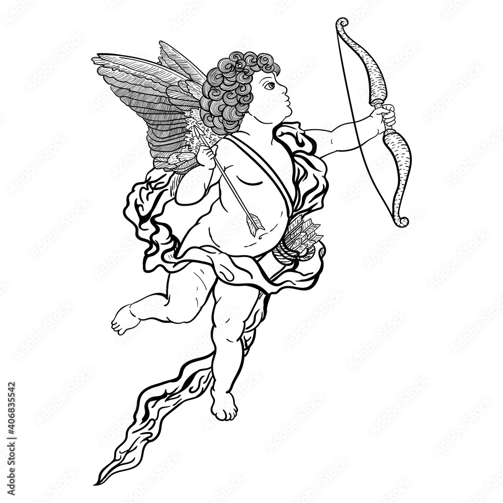 Cupid with bow and arrow outline drawing of black color isolated on white background vector illustration for design and decoration coloring book template sticker banner poster vintage vector