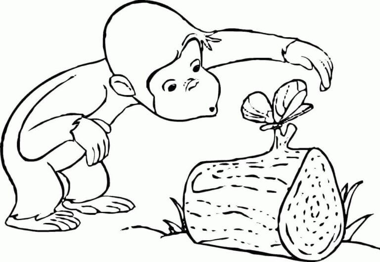 Curious george with butterfly coloring page