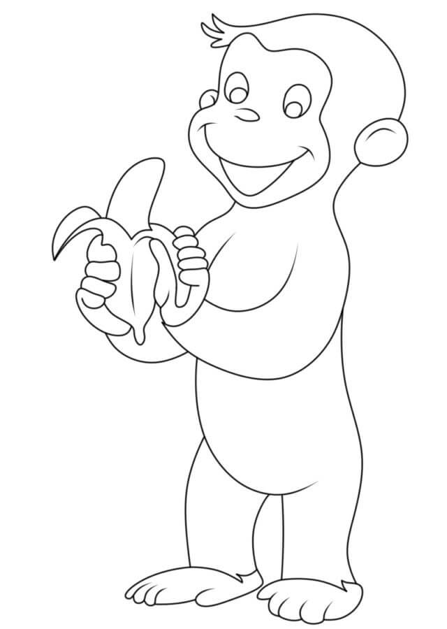 Cute curious george eats a banana coloring page