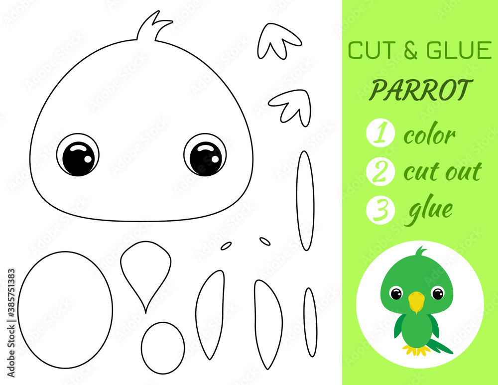 Coloring book cut and glue baby parrot educational paper game for preschool children cut and paste worksheet color cut parts and glue on papercartoon character vector illustration vector