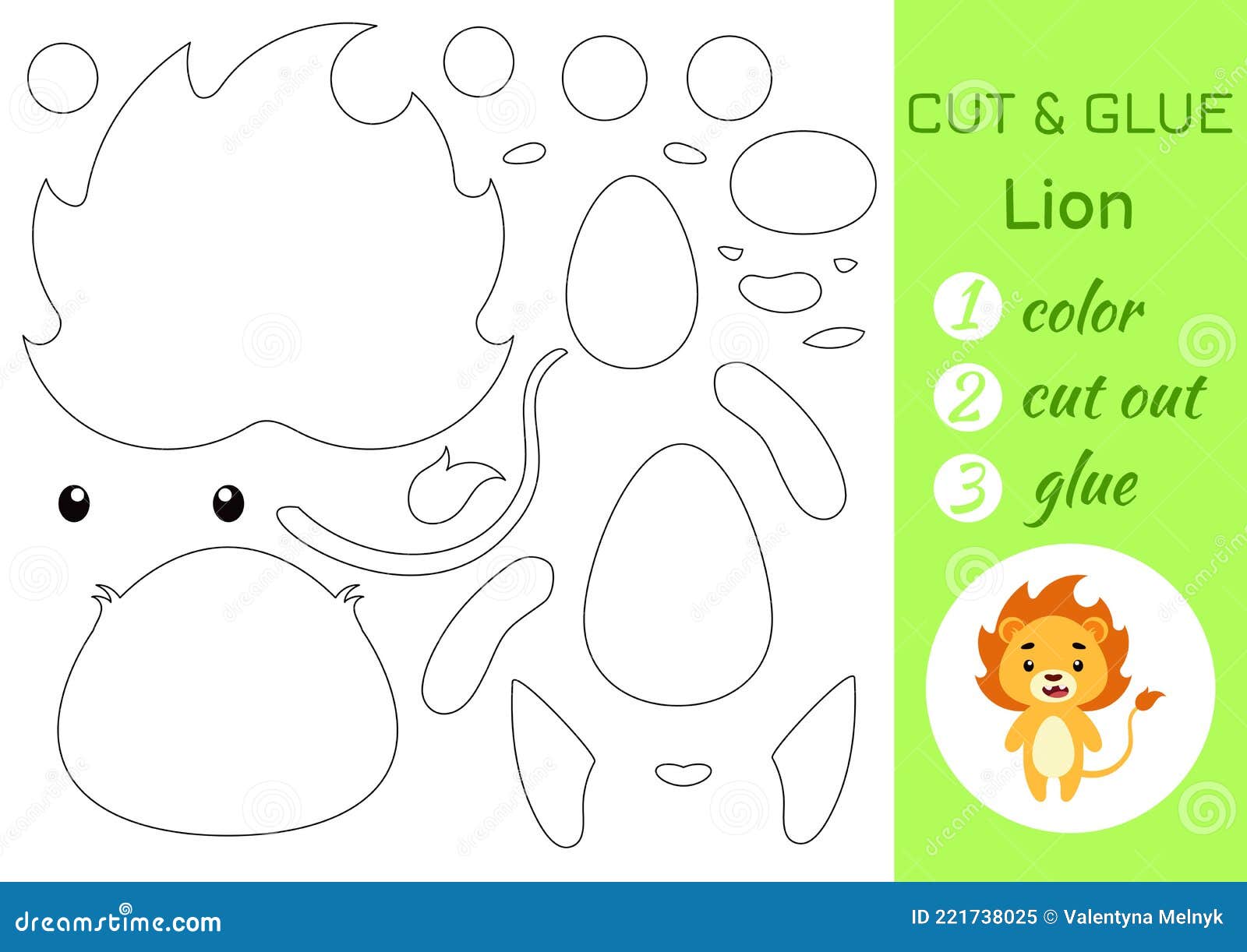 Color cut and glue paper little lion cut and paste crafts activity page educational game for preschool children stock vector