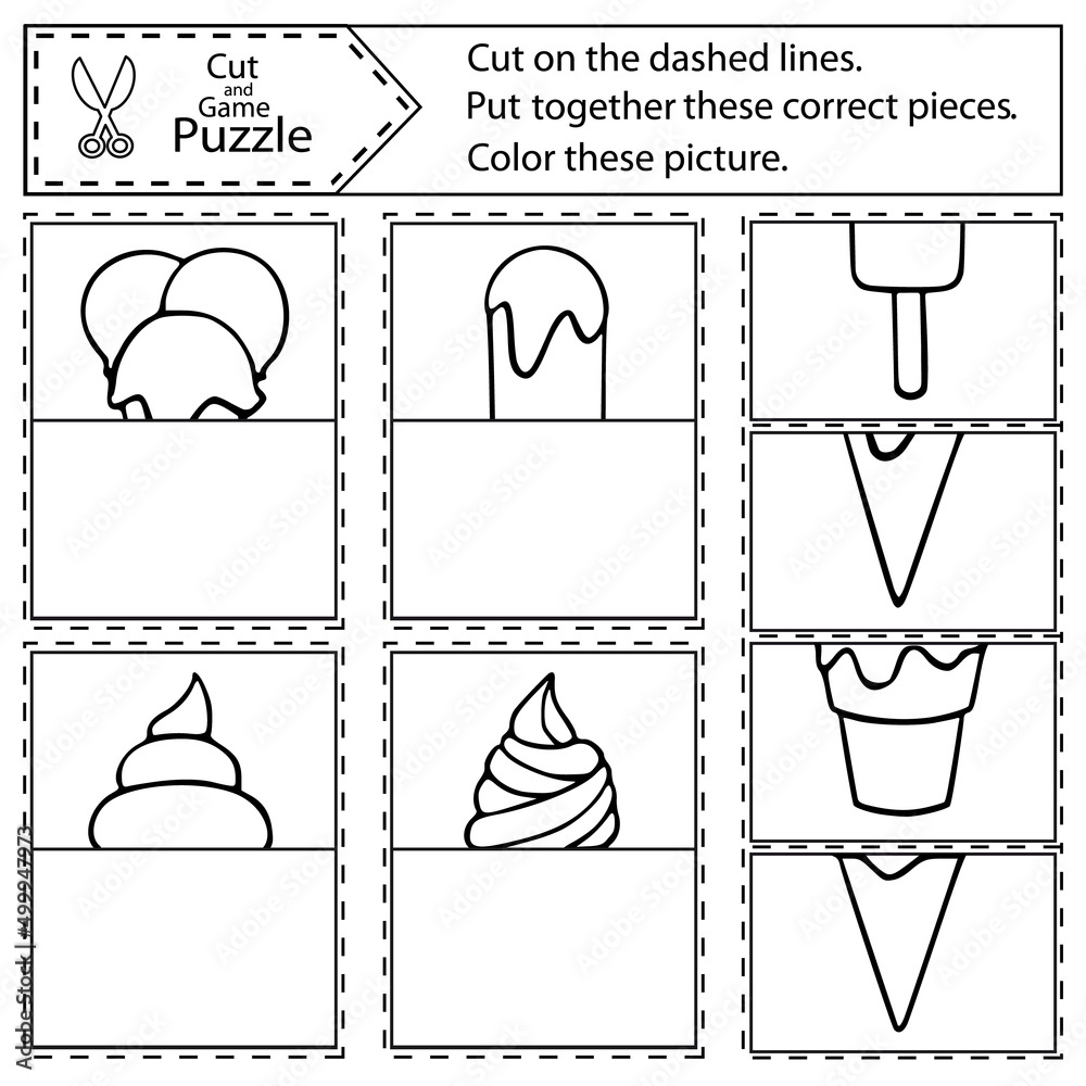 Kids coloring and puzzle game with ice cream desserts sweets cut and play card with drawing treats vector printable children worksheet and activity page vector