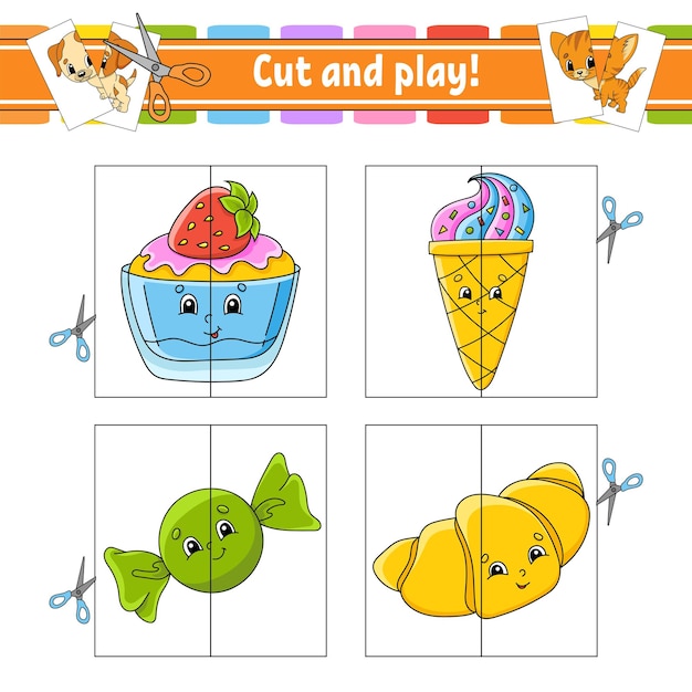 Premium vector cut and play flash cards color puzzle education developing worksheet birthday theme activity page