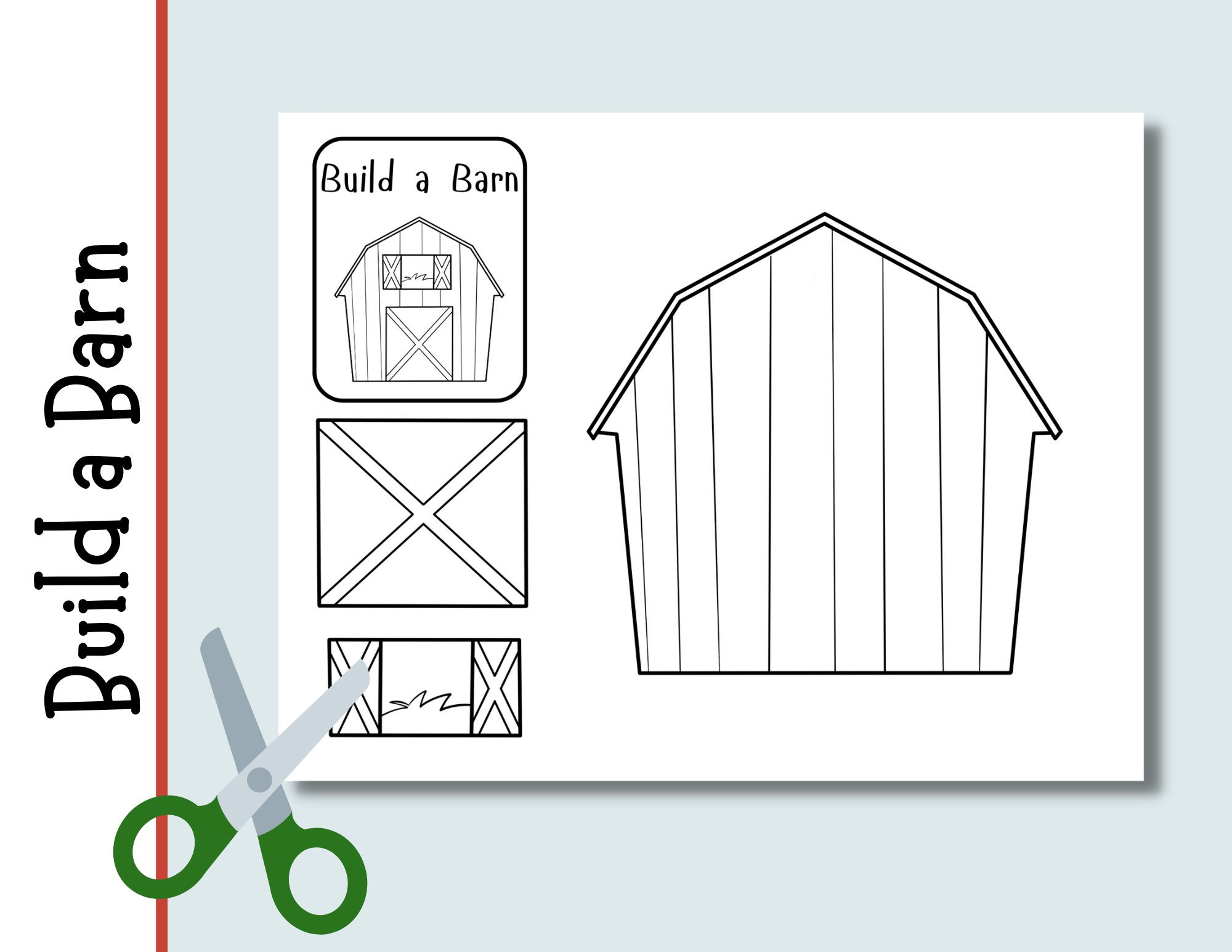 Build a barn digital printable coloring activity cut and paste preschool kindergarten first grade arts and crafts