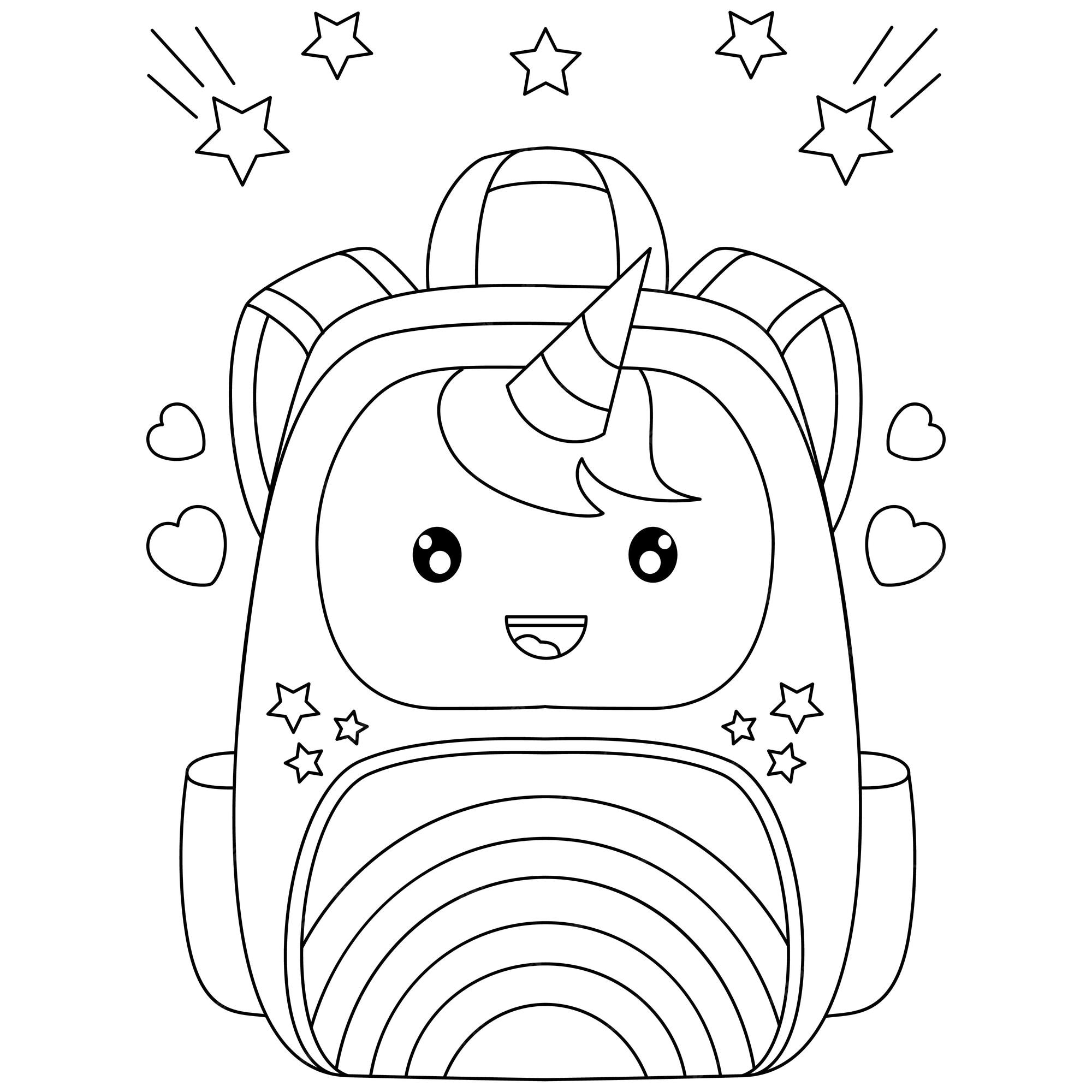 Premium vector rainbow unicorn school bag backpacks with star ornaments and coloring pages