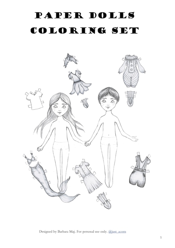 Paper doll printable coloring sheets hand illustrated paper dolls kids craft cut out paper dolls paper doll instant download pdf