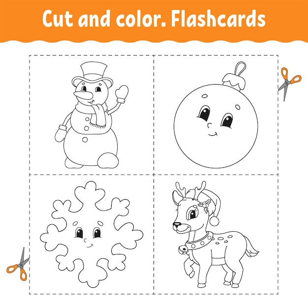 Premium vector cut and color flashcard set coloring book for kids cute cartoon character black contour silhouette christmas theme