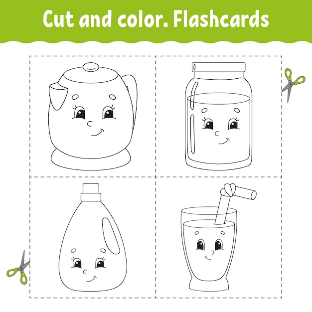 Premium vector cut and color flashcard set coloring book for kids cute cartoon character black contour silhouette