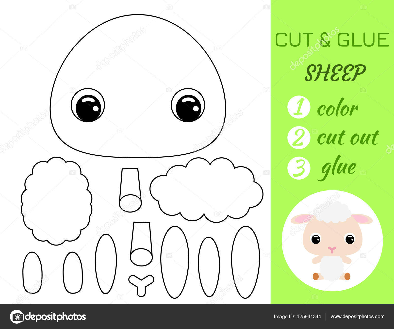 Simple educational game coloring page cut glue sitting baby sheep stock vector by valentyna