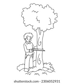 Boy cutting tree royalty