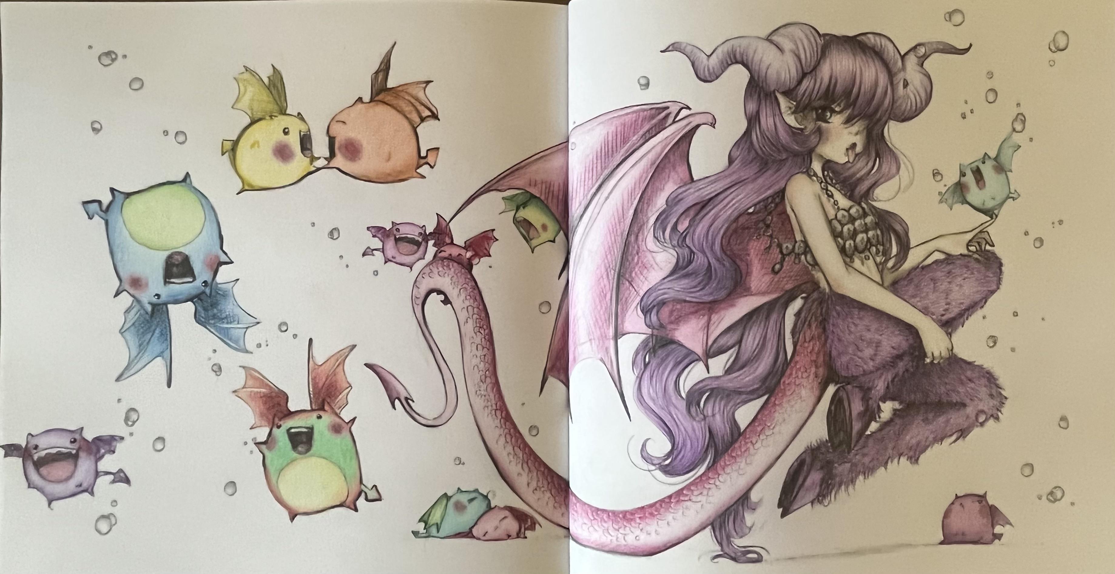 Cute and creepy coloring book double page
