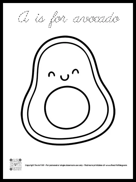 Cute letter a is for avocado coloring page dotted font â the art kit