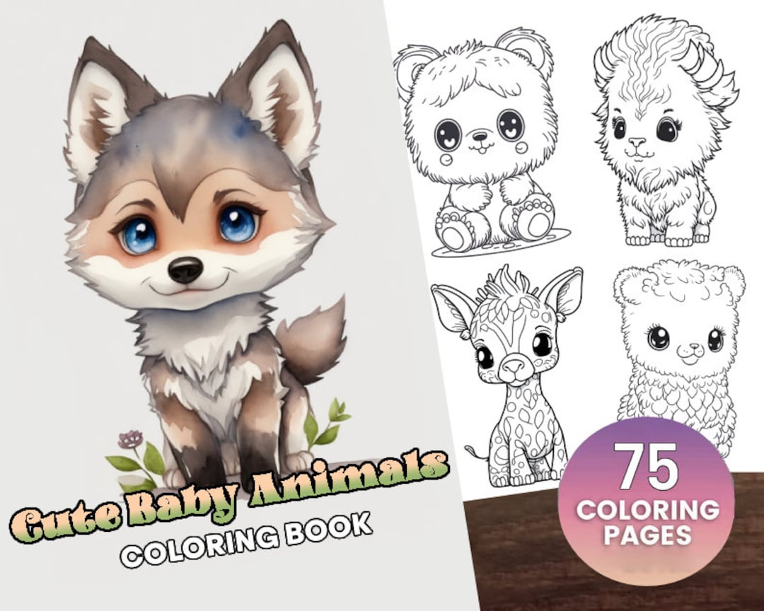 Cute baby animal coloring page book adults kids instant download grayscale coloring page animal coloring book printable pdf fox bear