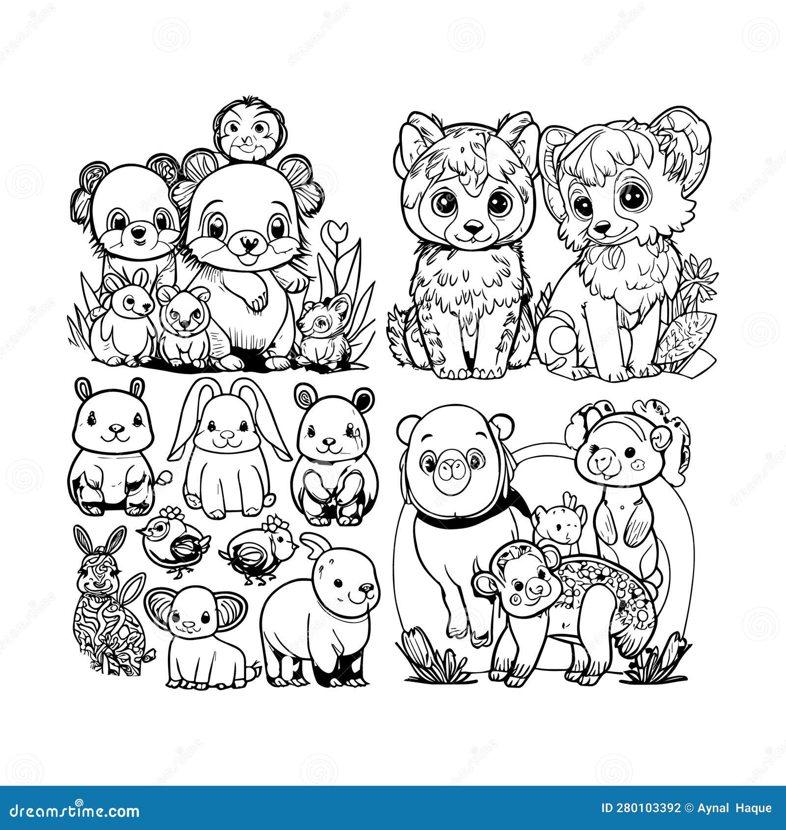 Cute baby animals coloring pages line art vector stock photo