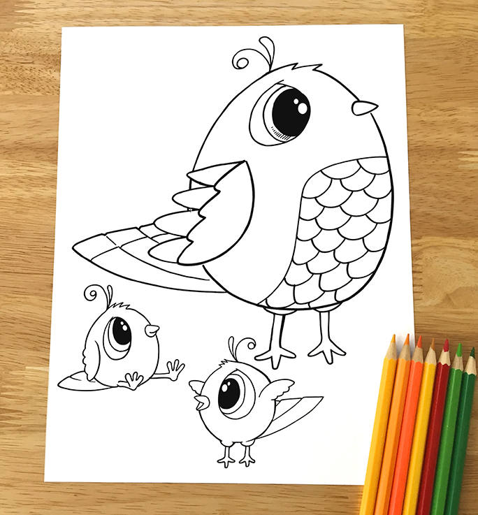 Cute birds coloring page downloadable pdf file