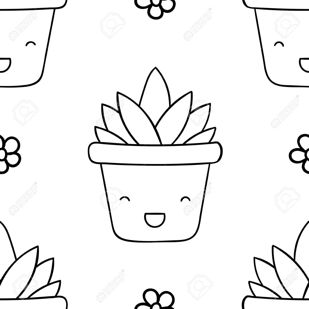 Simple seamless pattern black and white cute kawaii hand drawn aloe doodles coloring pages print royalty free svg cliparts vectors and stock illustration image