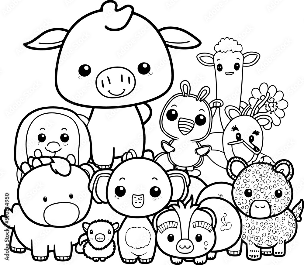 Black and white coloring page for kids line art simple cartoon style happy cute and funny animal illustration for coloring book png transparency