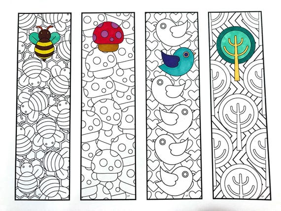 Cute nature bookmarks pdf coloring page bee mushroom bird tree