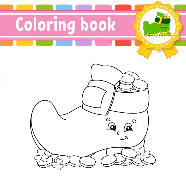 Premium vector coloring book for kids leprechaun boot with coins cheerful character