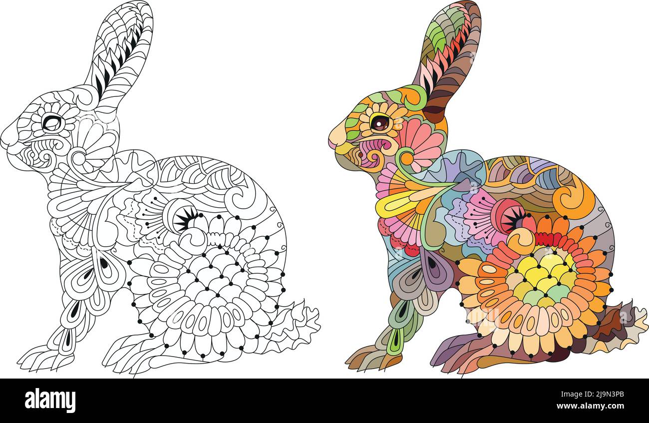 Spring rabbit coloring page for adult and children easter background with creative cute bunny color and outline set stock vector image art