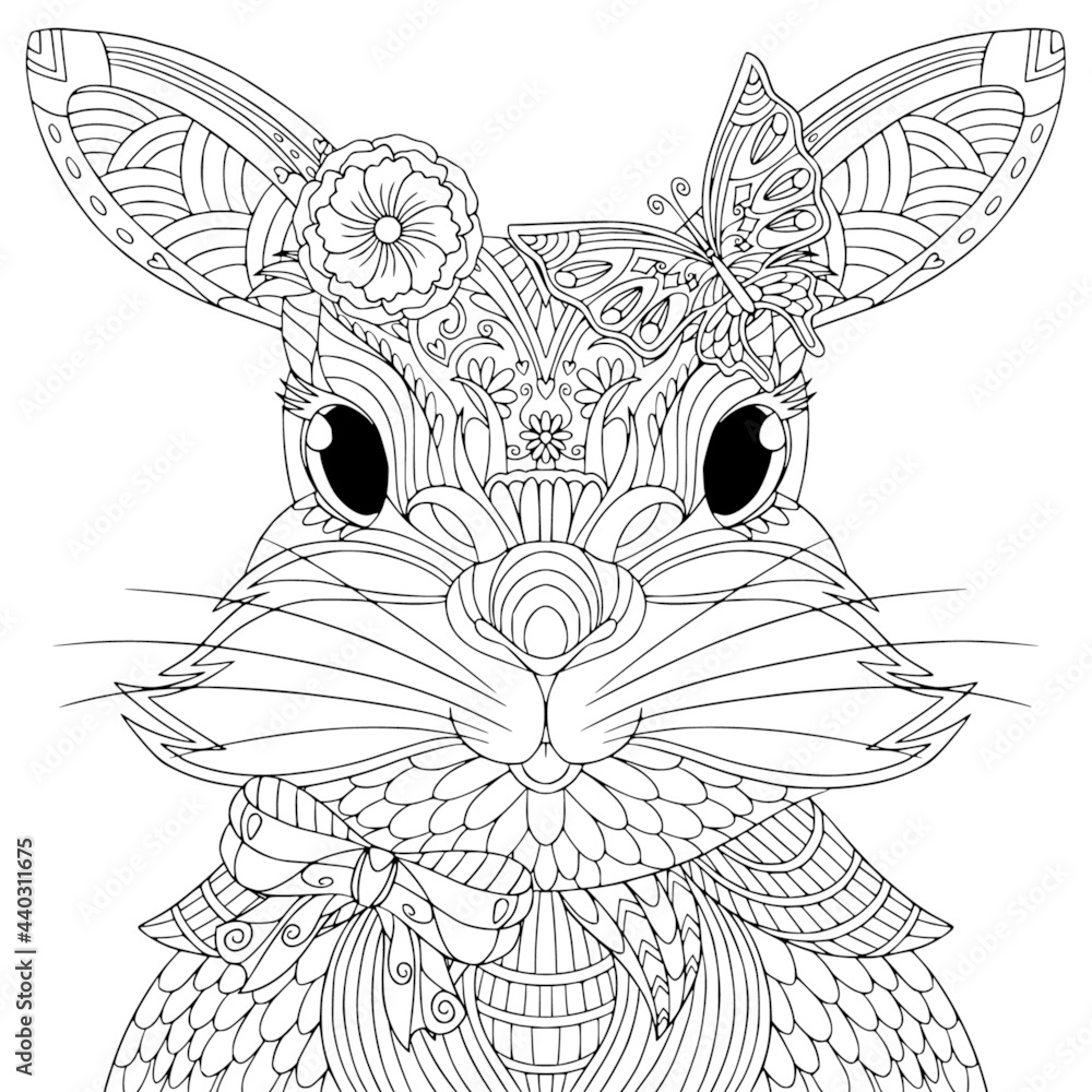 Cute bunny girl portrait with flower butterfly bow coloring book page for adult with doodle and zentangle elements vector outline hand drawing vector