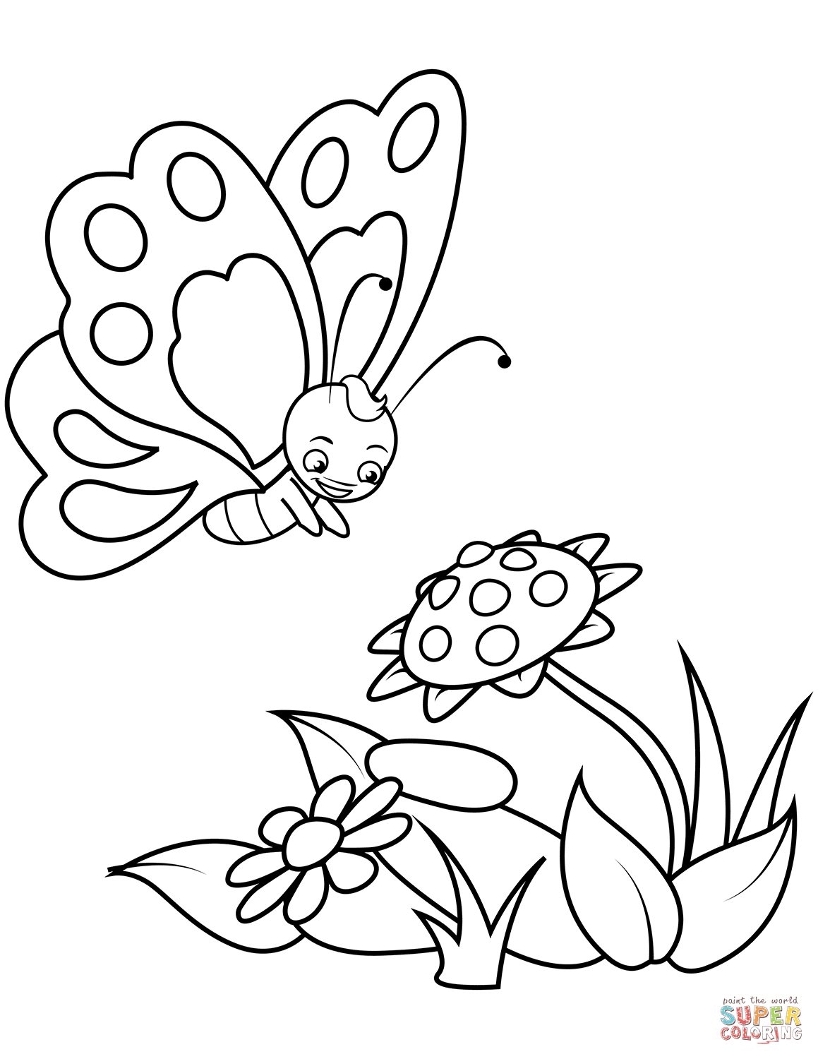 Cute butterfly and a sunflower coloring page free printable coloring pages