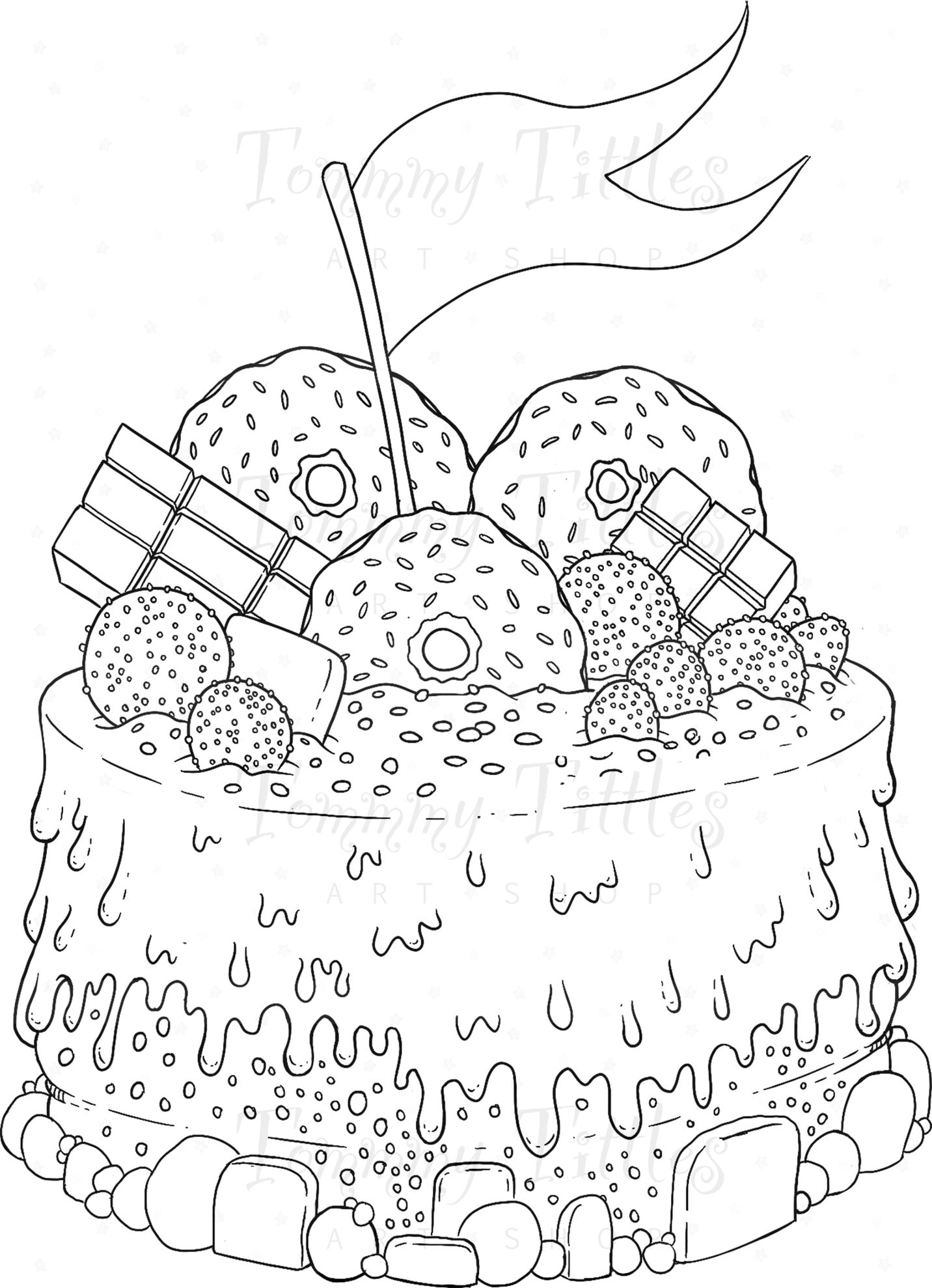 Cake colouring page celebration coloring sweets chocolate illustration cartoon cute clipart adult coloring pages