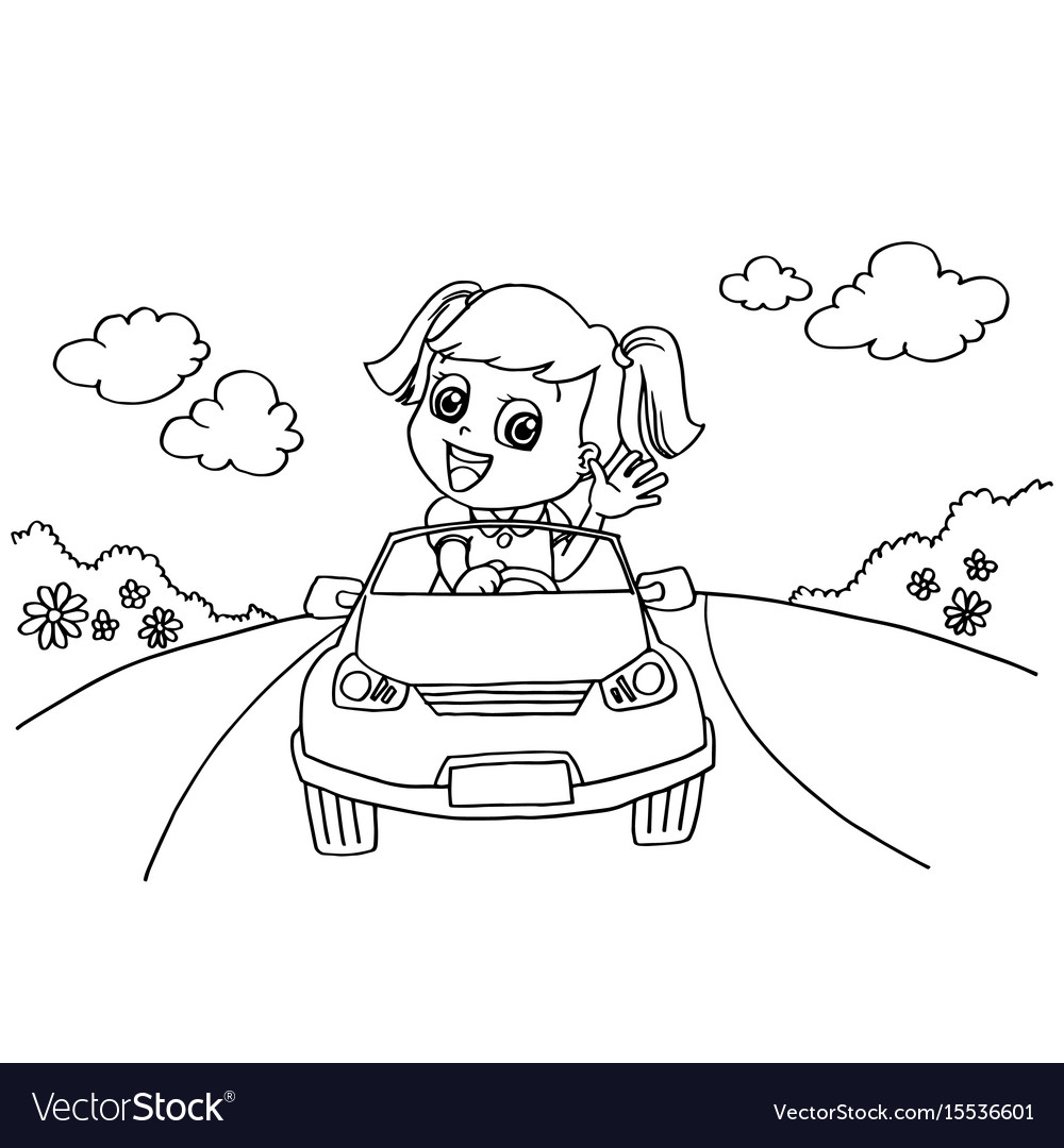 Little girl driving a toy car coloring page vector image